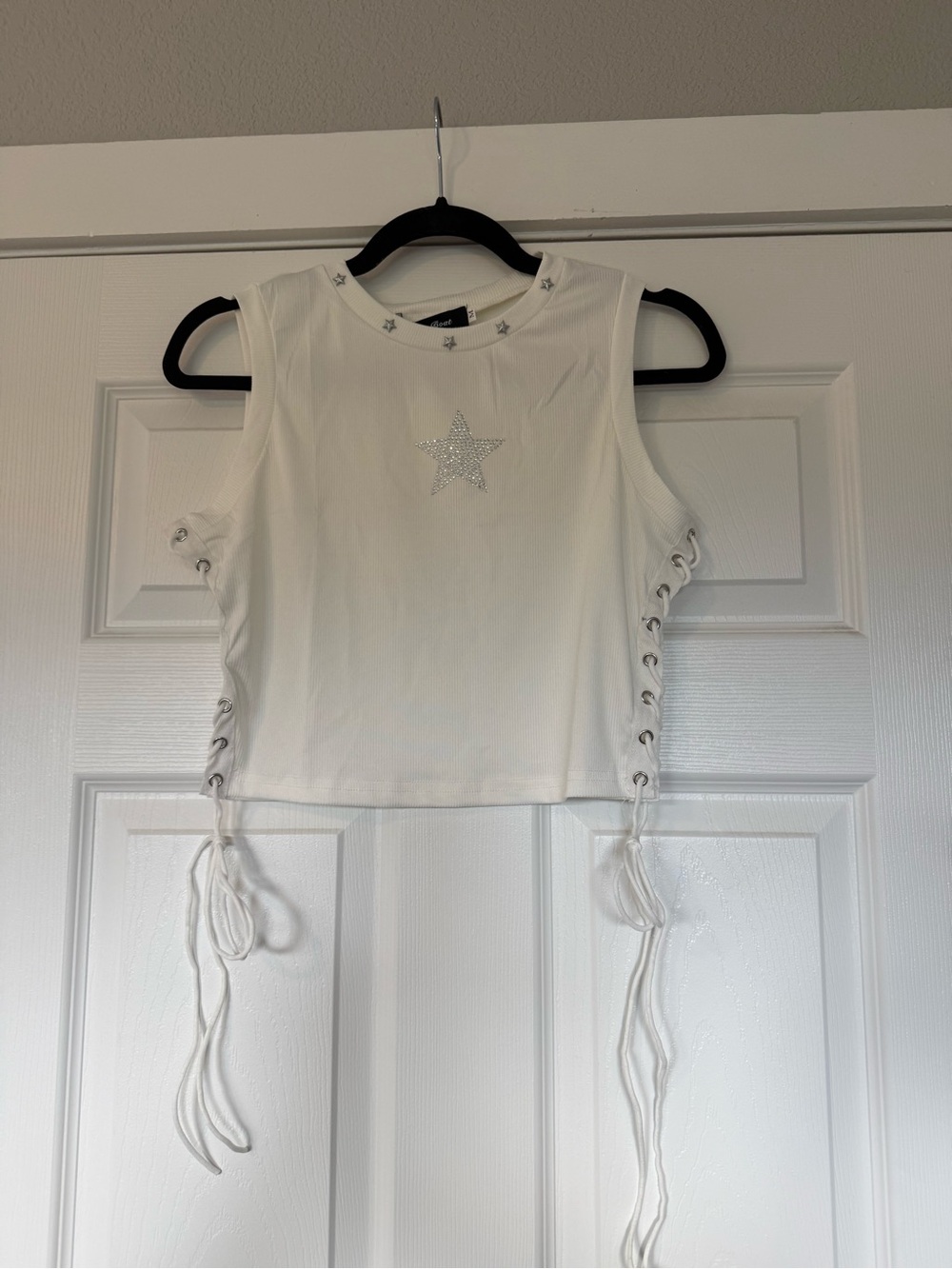 White Sleeveless Lace-Up Crop Top with Rhinestone Star